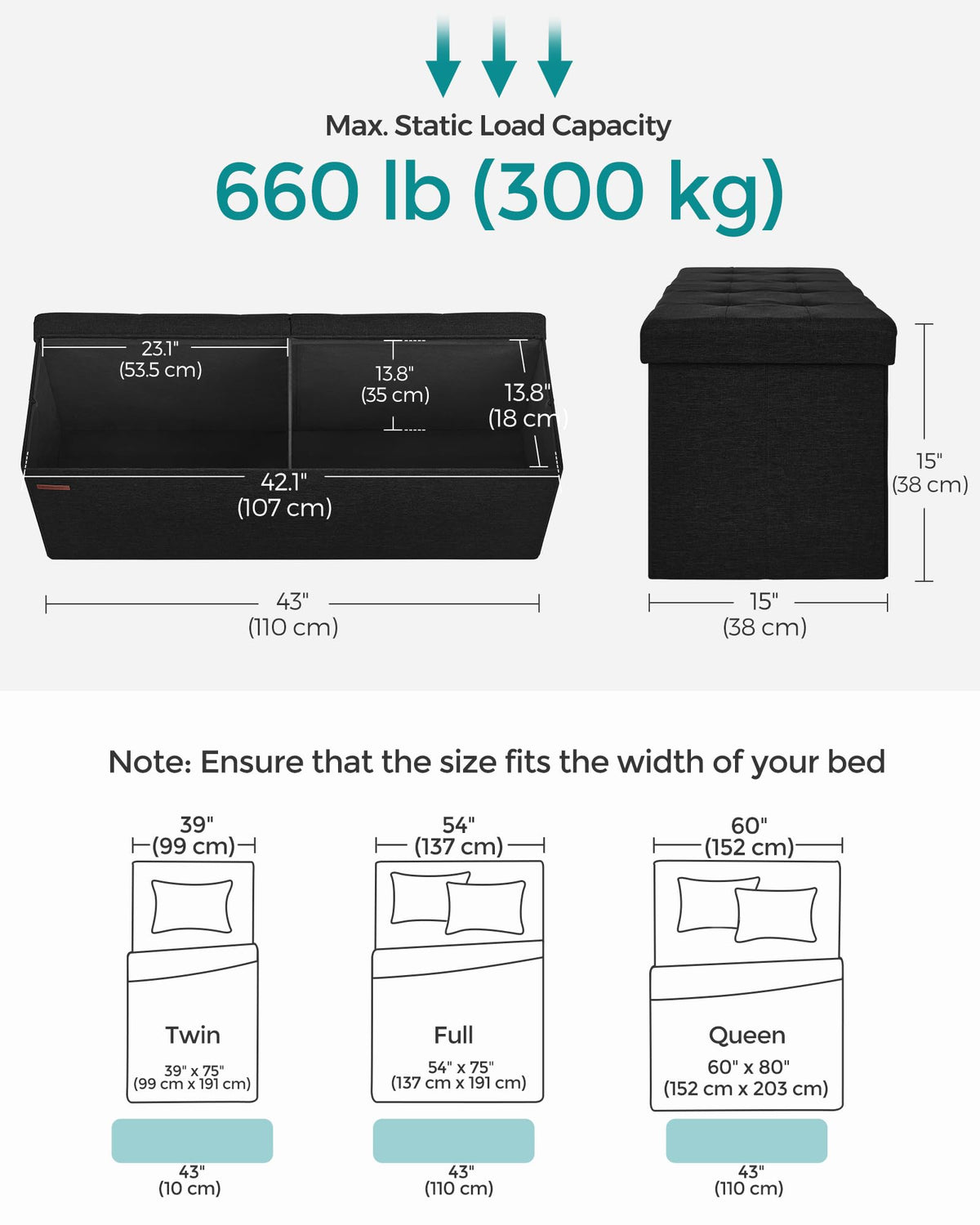 SONGMICS 110 cm Folding Storage Ottoman Bench, Padded Seat