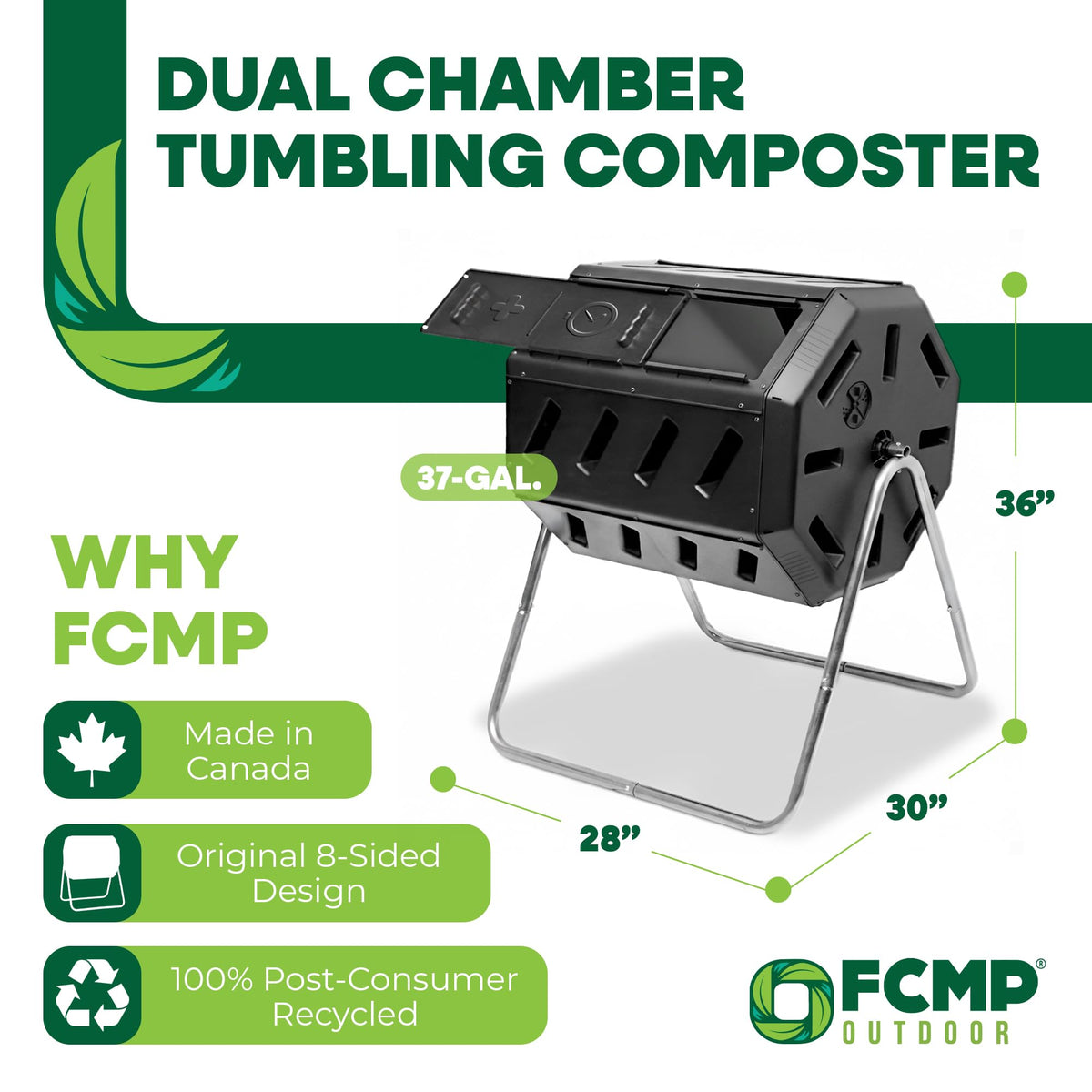 FCMP Outdoor IM4000 Dual Chamber Tumbling Composter Canadian-Made, 100% Recycled Resin - Outdoor Rotating Compost Tumbler Bin for Garden, Kitchen, and Yard Waste, Black (37 Gallon)