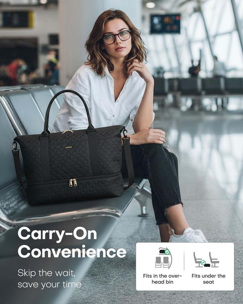 HOTOR Travel Duffel Bag - Large Weekender Bags for Women, Carry On Bag with Shoe Compartment, Overnight Bag with Toiletry Bag for Travel Essentials and Travel Accessories, Black, 34.0 x 45.0 x 20.0 cm