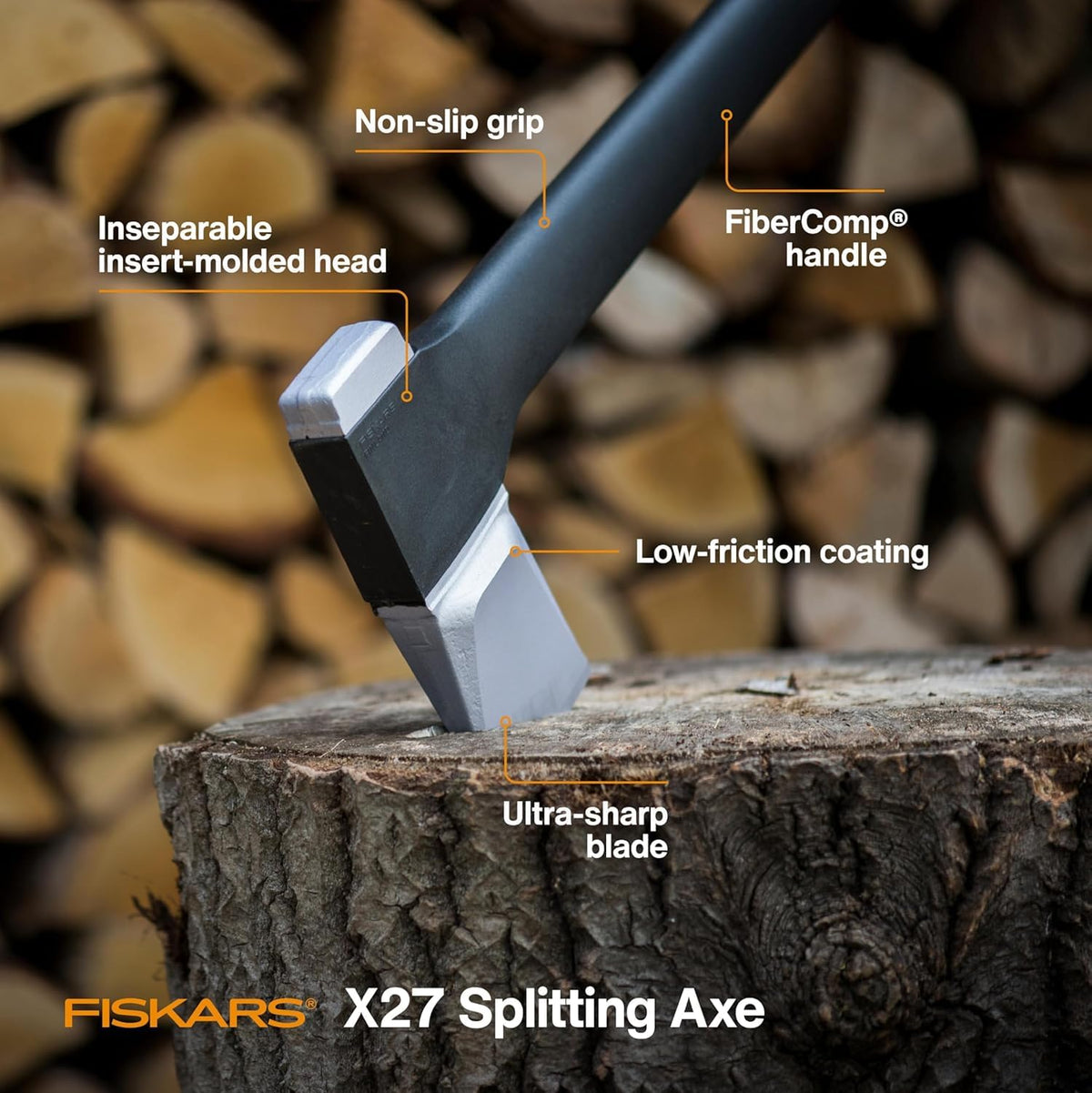 Fiskars X27 Super Splitting Axe, 36" Wood Splitting Axe for Medium to Large Size Logs with Shock-Absorbing Handle, Split Firewood, Forged Steel Blade, Bushcraft Gear and Camping Hatchet