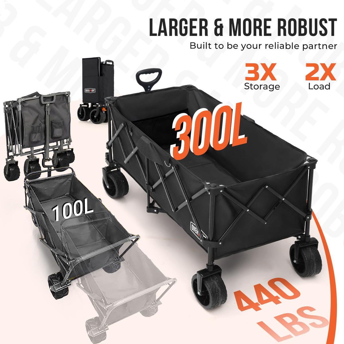 Overmont 300L Foldable Collapsible Wagon - Heavy Duty Utility Beach Wagon Cart with Rotatable Wide Wheels Inside Pockets for Camping Garden Shopping Sports - 440lbs Load