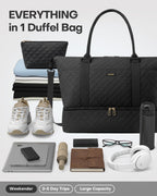 HOTOR Travel Duffel Bag - Large Weekender Bags for Women, Carry On Bag with Shoe Compartment, Overnight Bag with Toiletry Bag for Travel Essentials and Travel Accessories, Black, 34.0 x 45.0 x 20.0 cm