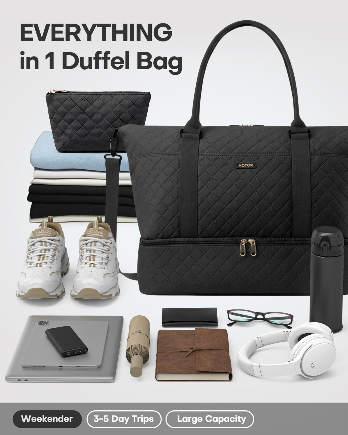 HOTOR Travel Duffel Bag - Large Weekender Bags for Women, Carry On Bag with Shoe Compartment, Overnight Bag with Toiletry Bag for Travel Essentials and Travel Accessories, Black, 34.0 x 45.0 x 20.0 cm
