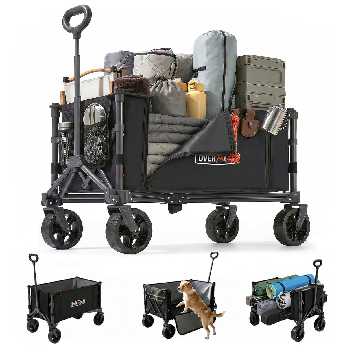Overmont 3-in-1 Collapsible Wagon Cart, Ultra-Compact Foldable Wagon for SUV Trunk & Apartment Storage, Lightweight 120L Utility Cart with Dual Side Opening for Grocery, Camping & Sports