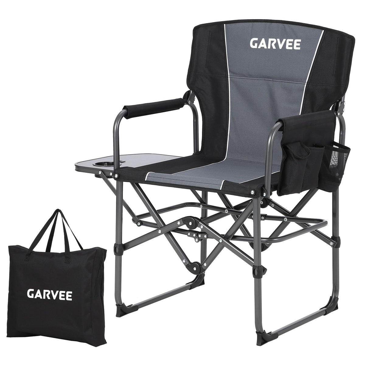 GarveeLife Oversized Camping Chair w/Side Table & Pocket,Outdoors, Black
