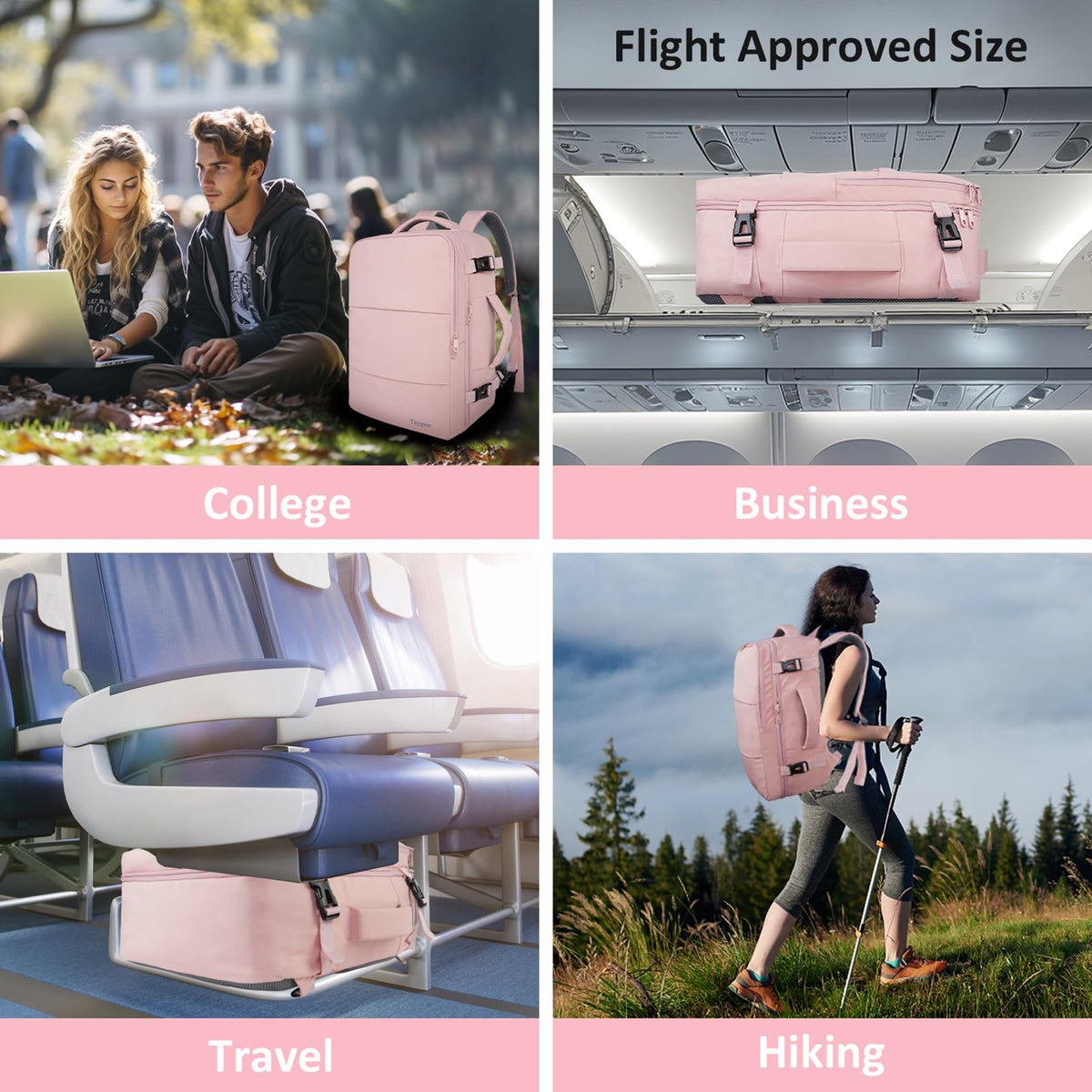 Taygeer Travel Backpack for Women, Carry On Backpack with Shoe Pouch, TSA 15.6inch Laptop Backpack Flight Approved, College Nurse Bag Casual Daypack for Weekender Business Hiking, Pink