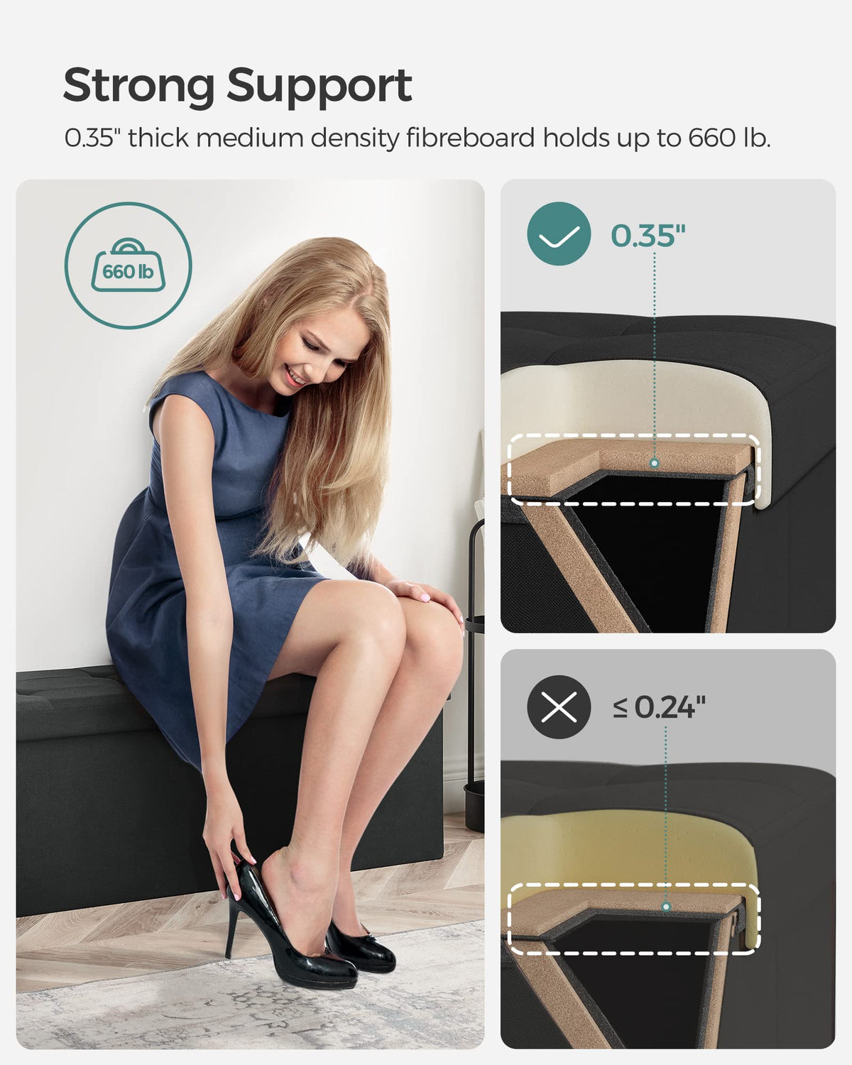 SONGMICS 110 cm Folding Storage Ottoman Bench, Padded Seat