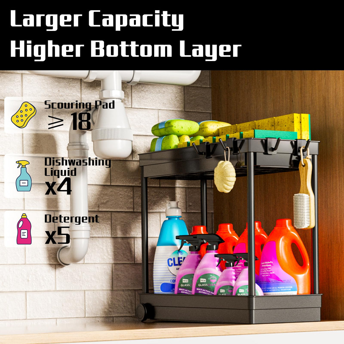 Cicilyna 2 Pack Under Sink Organizer, 2 Tier Bathroom Cabinet Organizers and Storage with Hook, Multi-purpose Storage Basket Shelf for Kitchen, Black