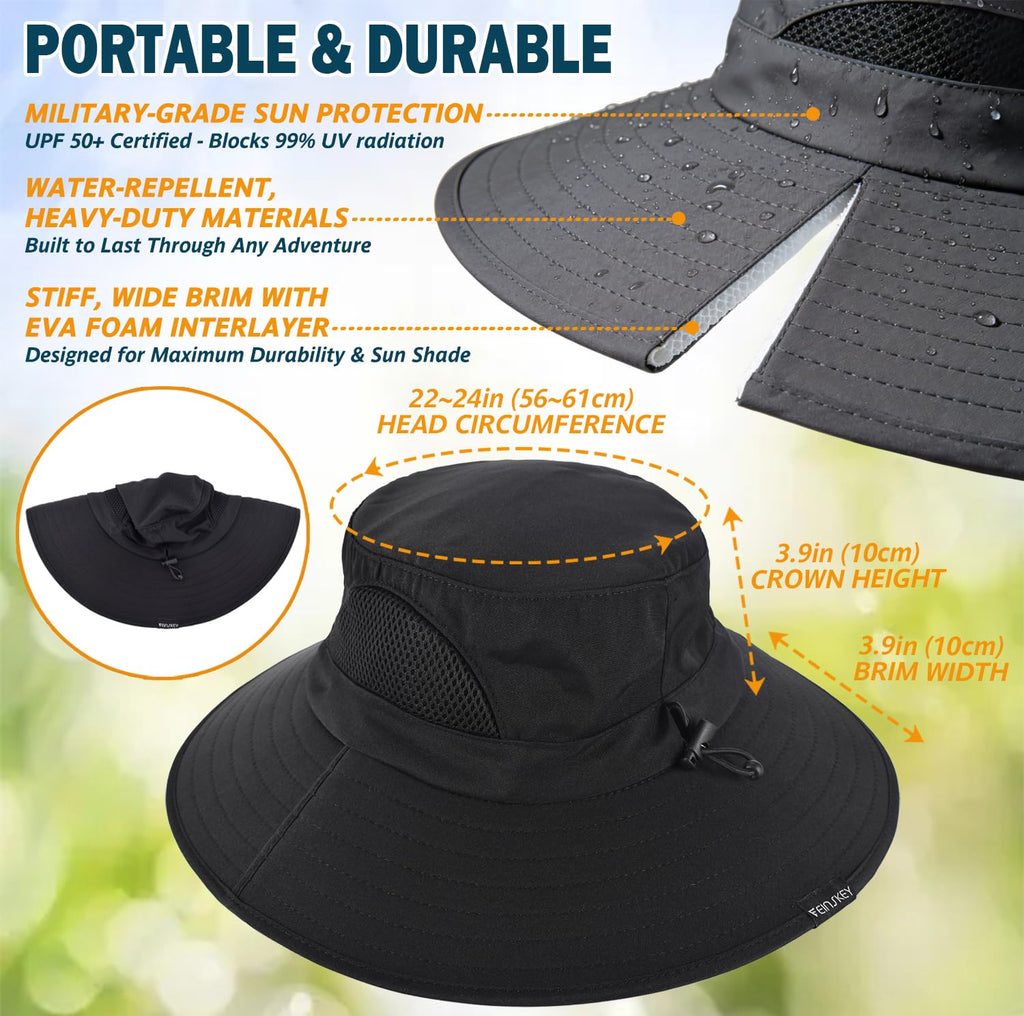 EINSKEY Sun Hat for Men/Women, Waterproof Wide Brim Bucket Hat UV Protection Boonie Hat for Fishing Hiking Garden Beach Black