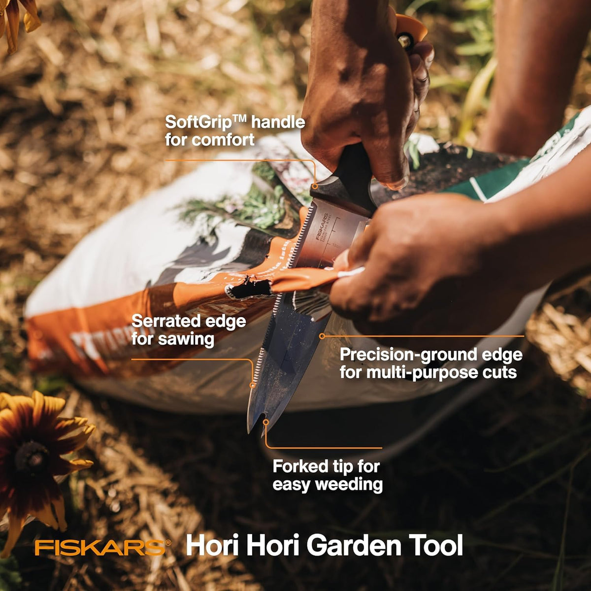 Fiskars Hori Hori Garden Knife, Precision-Ground Serrated Blade, Forked Tip Weeding & Planting Tool,Stainless Steel Adjustable