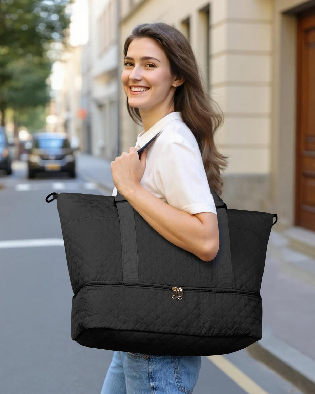 HOTOR Travel Duffel Bag - Large Weekender Bags for Women, Carry On Bag with Shoe Compartment, Overnight Bag with Toiletry Bag for Travel Essentials and Travel Accessories, Black, 34.0 x 45.0 x 20.0 cm