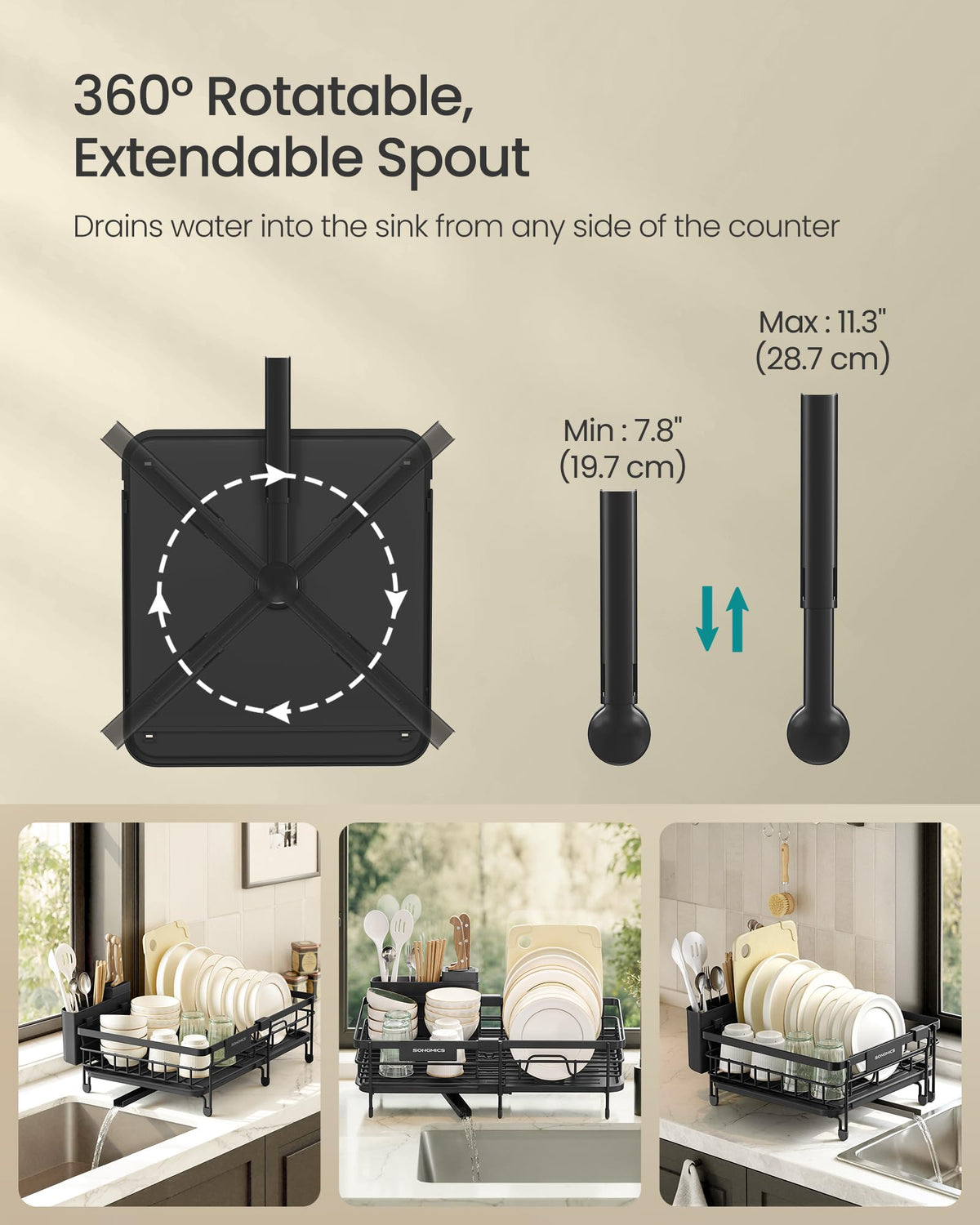 SONGMICS Dish Drainer Rack, Large Extendable Draining Board Rack for Small Spaces, 360° Rotating Extendable Spout, Kitchen Sink Drainer, Steel, 46.5 x 29.6 x 14 cm, Ink Black KCS556BH01