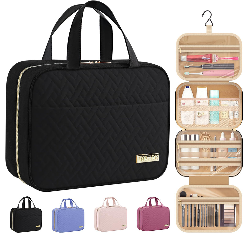 HOTOR Travel Toiletry Bag - Toiletry Bag w/Hanging Hook for Women & Men, Makeup Bag/Big Comparment, Waterproof for Travel Accessories, Travel Essentials, Small, Black