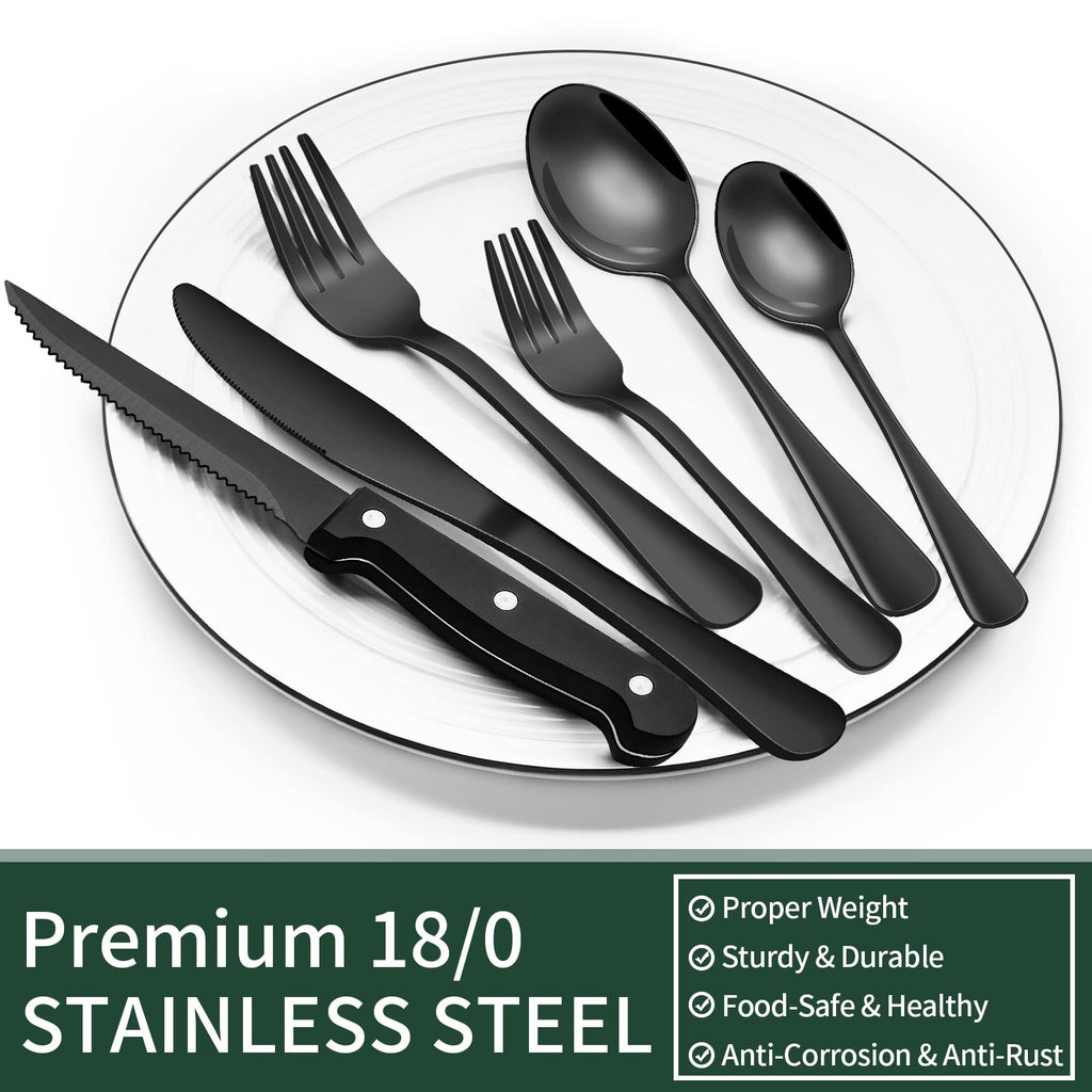 24-Piece Black Silverware Set with Steak Knives, Black Flatware Set for 4, Food-Grade Stainless Steel Tableware Cutlery Set, Mirror Finished Utensil Sets for Home Restaurant 🍁 All In One Marketplace Canada