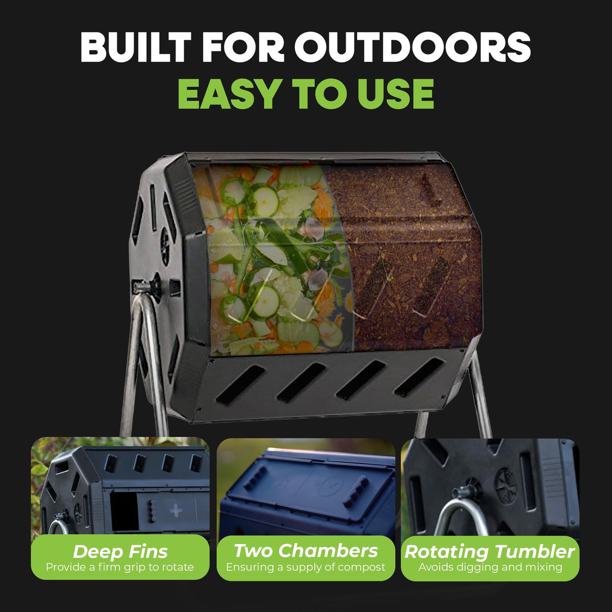 FCMP Outdoor IM4000 Dual Chamber Tumbling Composter Canadian-Made, 100% Recycled Resin - Outdoor Rotating Compost Tumbler Bin for Garden, Kitchen, and Yard Waste, Black (37 Gallon)
