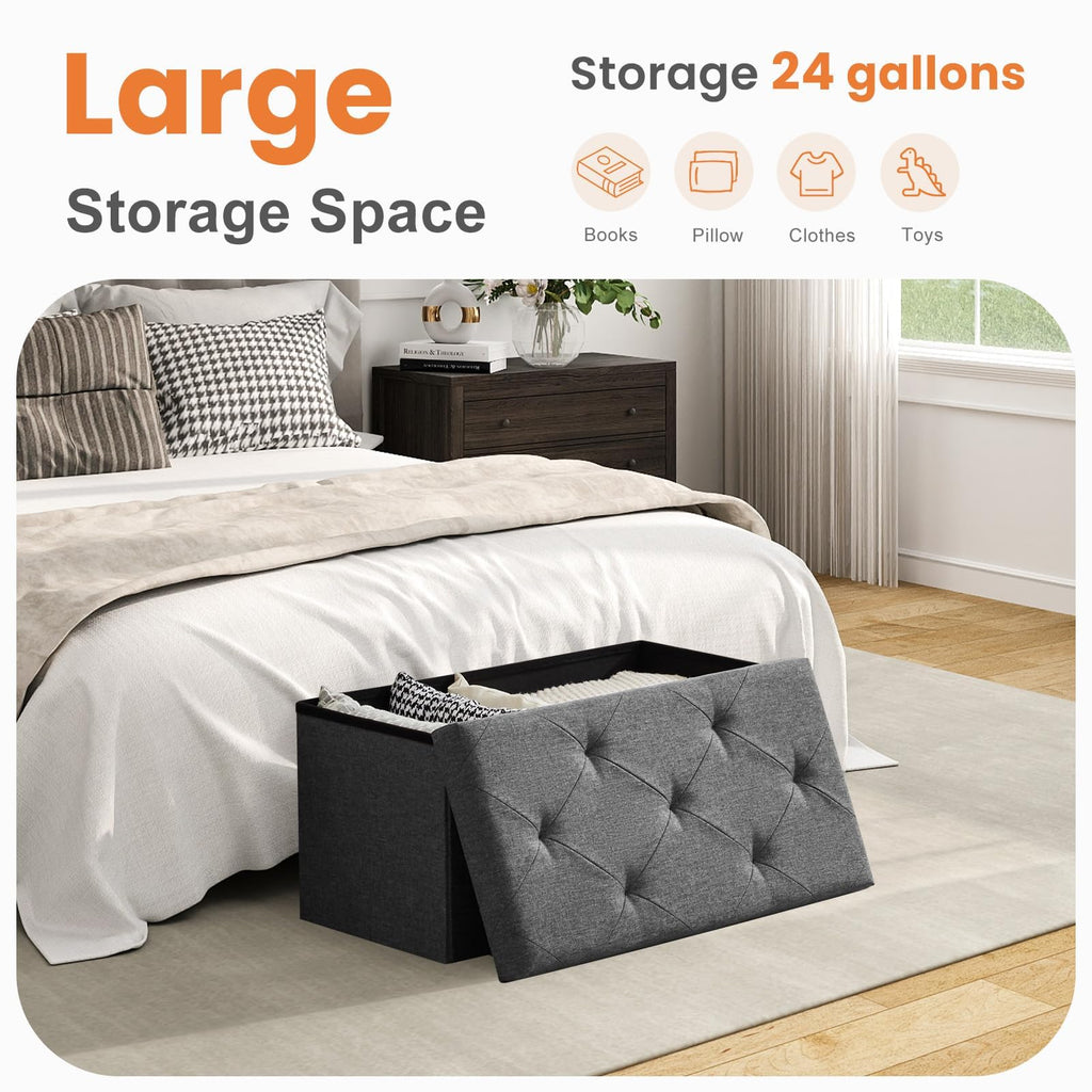 Sweetcrispy Folding Storage Ottoman Bench, Light Grey, Entryway Bench for Living Room, Ottomans with Storage for Bedroom, Heavy Duty 660 lbs Load Capacity, Linen Footrest Seat