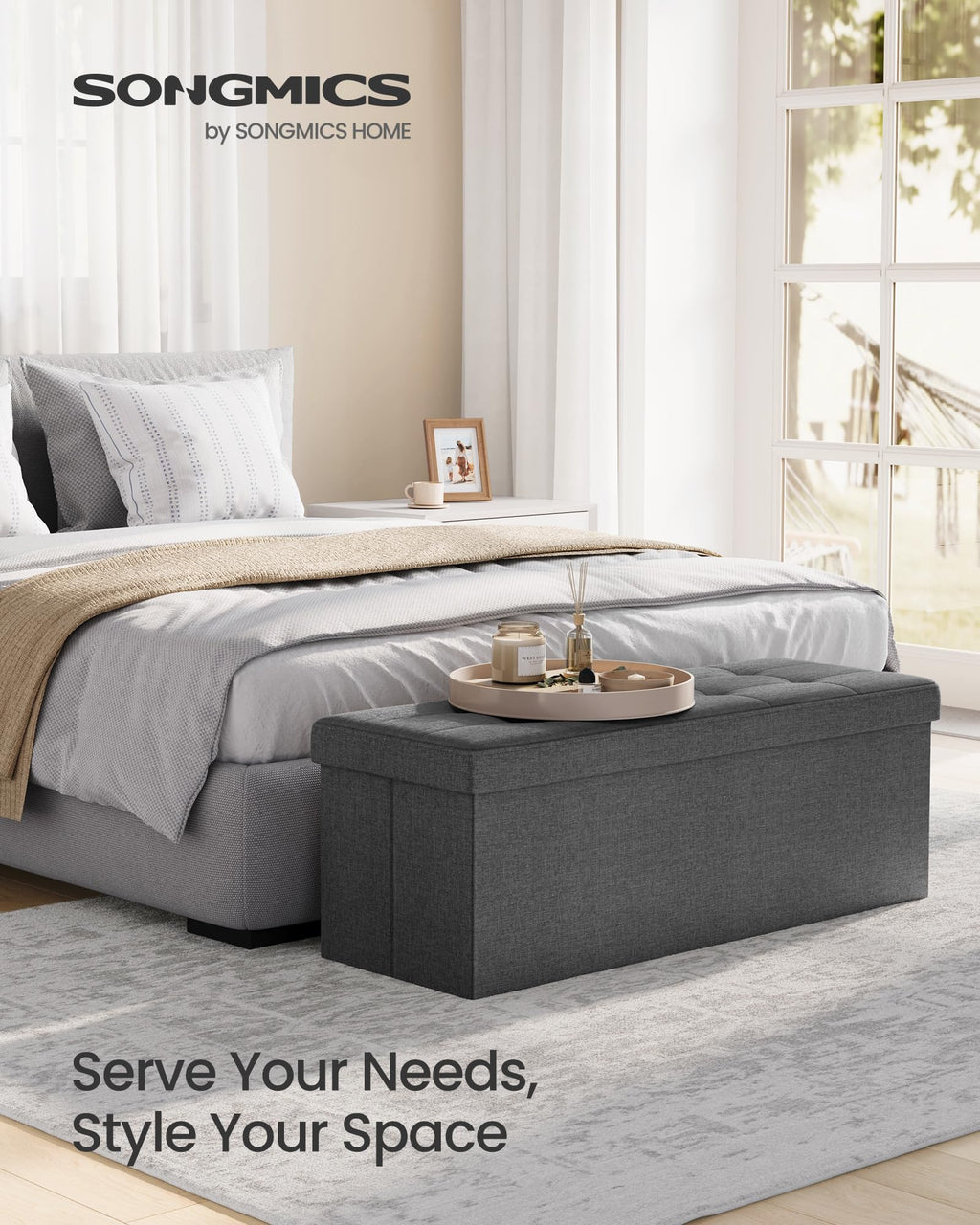 SONGMICS 110 cm Folding Storage Ottoman Bench, Padded Seat