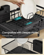 SONGMICS Dish Drainer Rack, Large Extendable Draining Board Rack for Small Spaces, 360° Rotating Extendable Spout, Kitchen Sink Drainer, Steel, 46.5 x 29.6 x 14 cm, Ink Black KCS556BH01