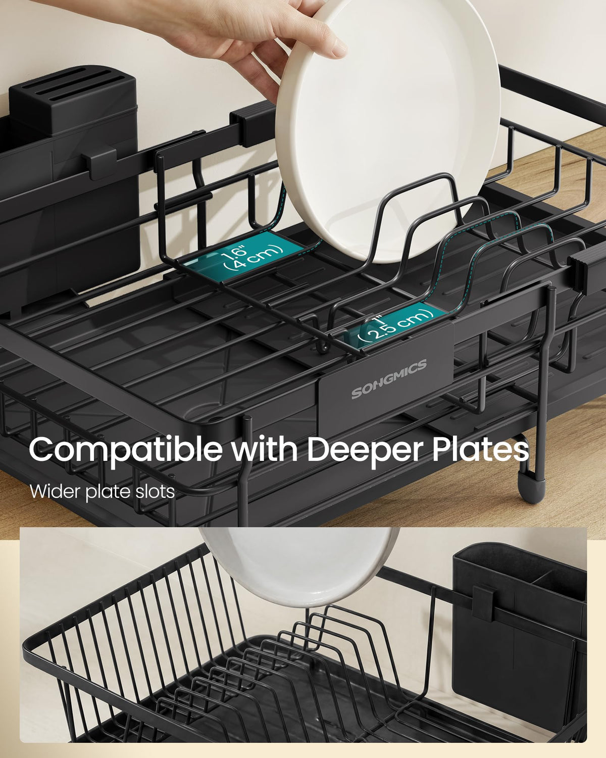 SONGMICS Dish Drainer Rack, Large Extendable Draining Board Rack for Small Spaces, 360° Rotating Extendable Spout, Kitchen Sink Drainer, Steel, 46.5 x 29.6 x 14 cm, Ink Black KCS556BH01