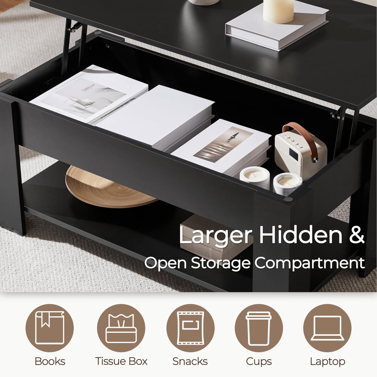 Yaheetech Coffee Table with Storage, Lift Top, 98cm L, Black
