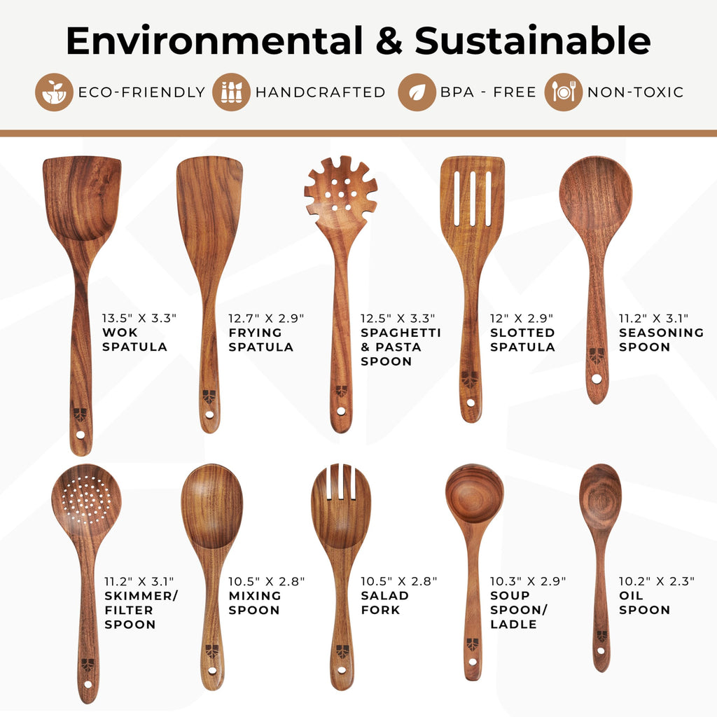 Wooden Spoons for Cooking, Kitchen Utensil Set, 10 Pcs Cooking Utensils Set for Nonstick Pans & Cookware – Study Teak Wood, Lightweight & Heat Resistant