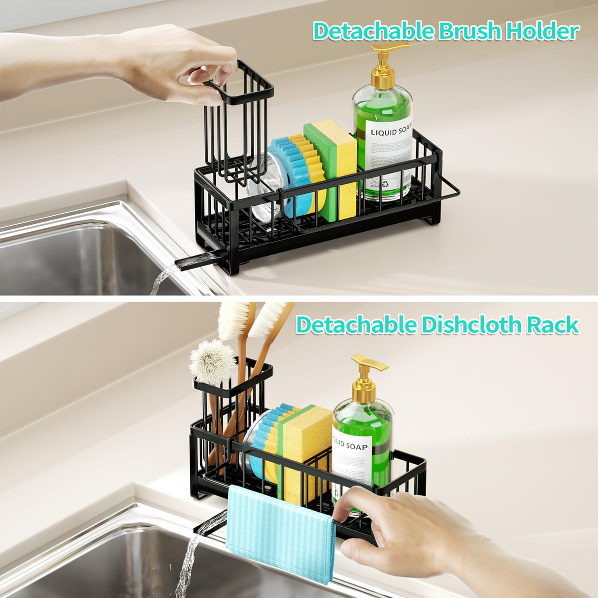 HapiRm Sponge Holder for Kitchen Sink - Self-draining Sink Caddy Organizer with Brush and Dishcloth Holders, Stainless Steel Kitchen Sink Organizers and Storage for Countertop