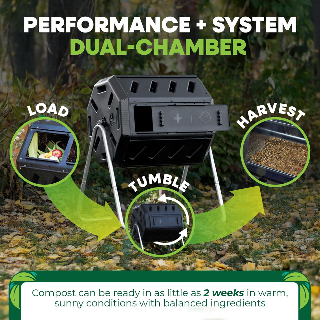 FCMP Outdoor IM4000 Dual Chamber Tumbling Composter Canadian-Made, 100% Recycled Resin - Outdoor Rotating Compost Tumbler Bin for Garden, Kitchen, and Yard Waste, Black (37 Gallon)