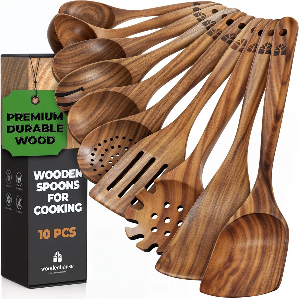 Wooden Spoons for Cooking, Kitchen Utensil Set, 10 Pcs Cooking Utensils Set for Nonstick Pans & Cookware – Study Teak Wood, Lightweight & Heat Resistant