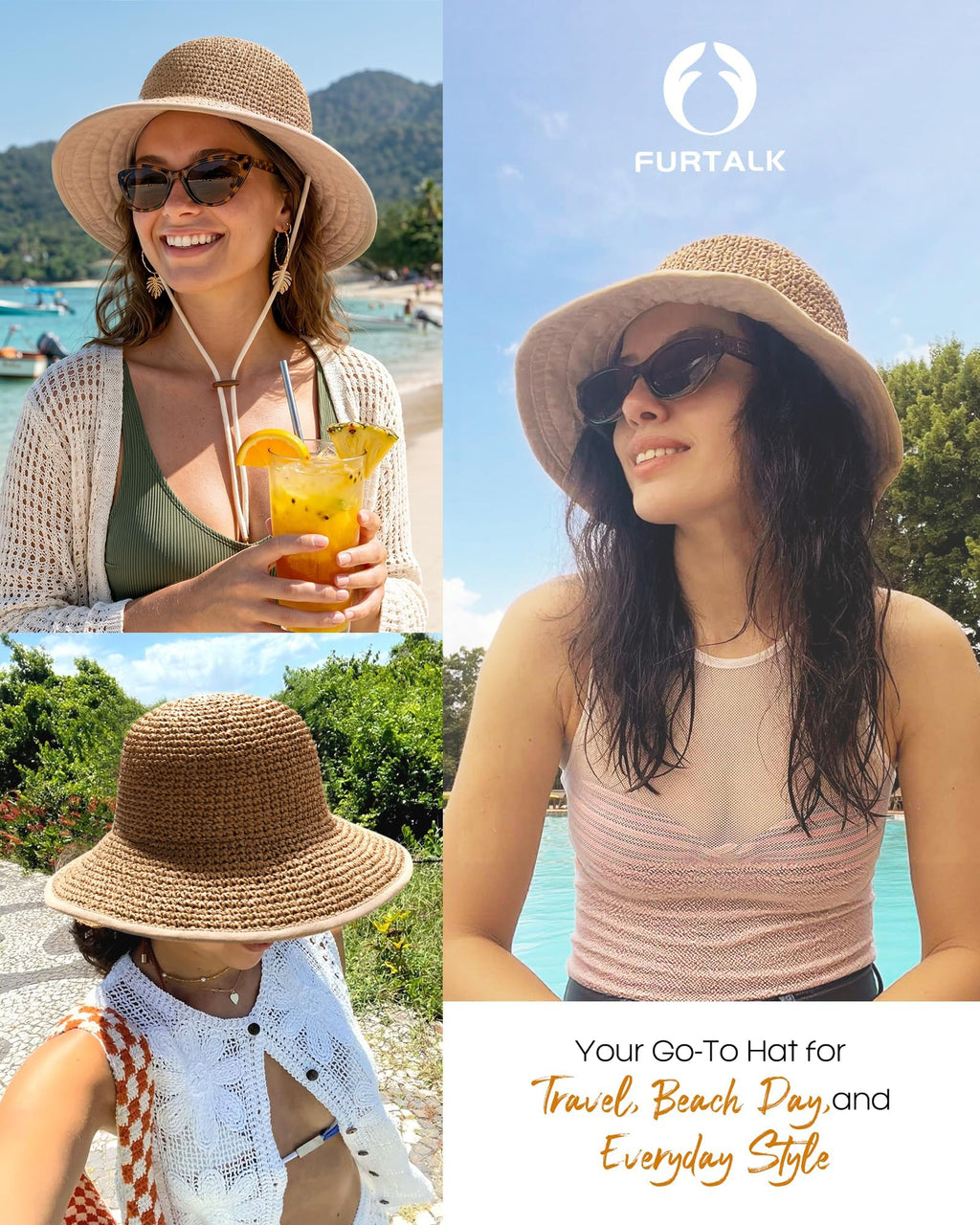 FURTALK Sun Hats for Women Handmade Summer Beach Hat Wide Brim Straw Hat Foldable Packable UPF 50 Crochet Travel Bucket Hat Kahaki