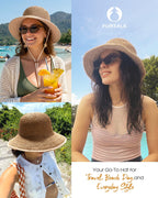 FURTALK Sun Hats for Women Handmade Summer Beach Hat Wide Brim Straw Hat Foldable Packable UPF 50 Crochet Travel Bucket Hat Kahaki