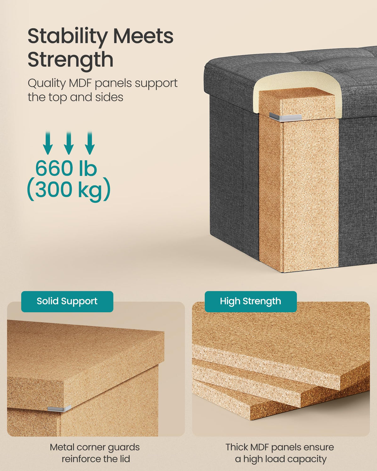 SONGMICS 110 cm Folding Storage Ottoman Bench, Padded Seat