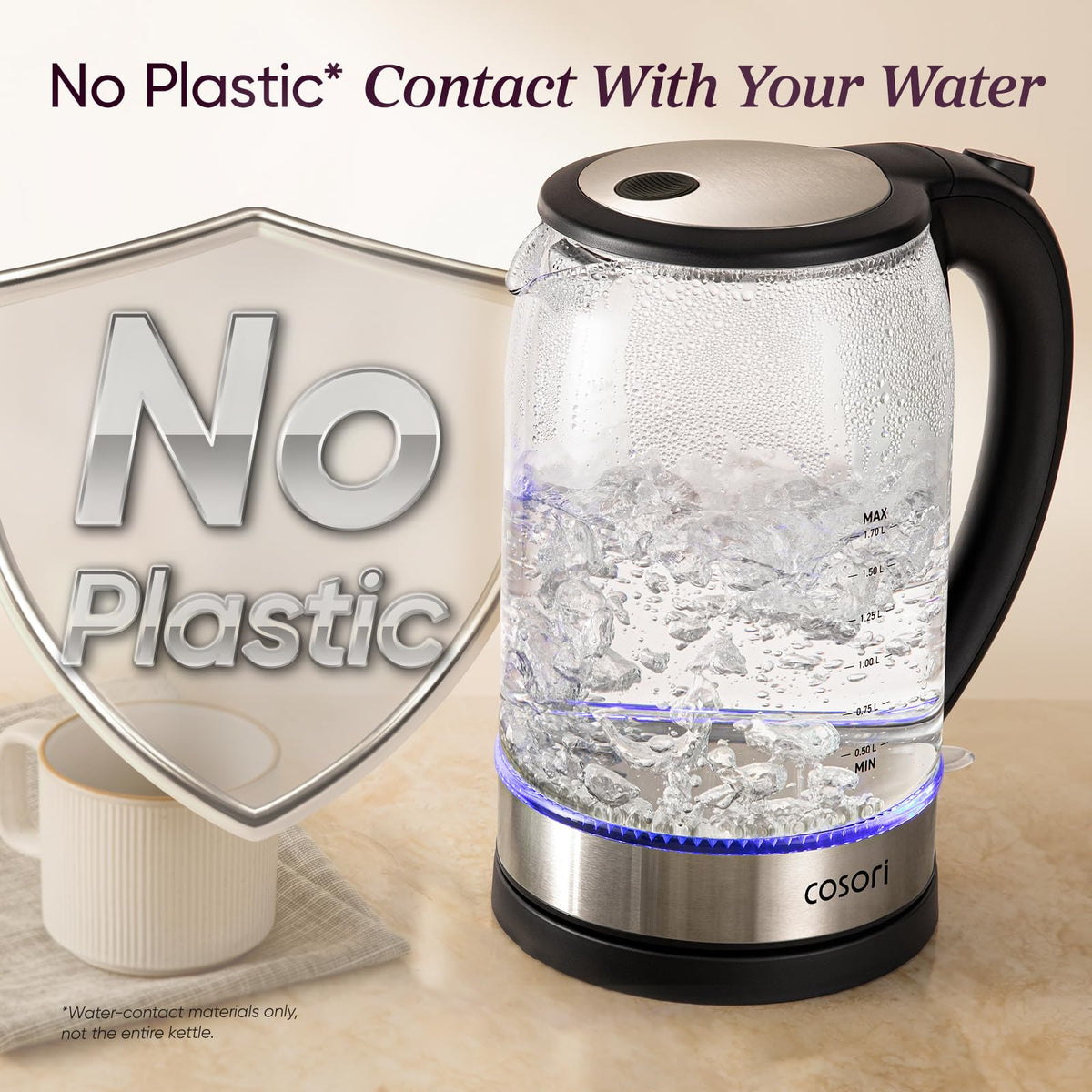 Cosori Electric Kettle, No Plastic Filter & Spout, 1.7L Tea Kettle & Hot Water Boiler For Coffee & Tea, Water Heater & Teapot, Automatic Shut Off, Borosilicate glass, Black, 1500W