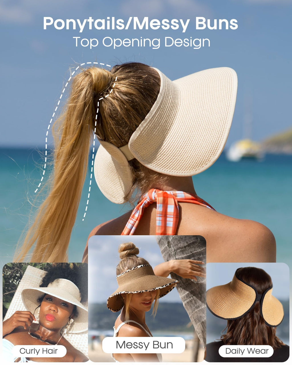 FURTALK Sun Visor Hats for Women Wide Brim Straw Roll Up Ponytail Summer Beach Hat UV UPF 50 Packable Foldable Travel