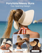 FURTALK Sun Visor Hats for Women Wide Brim Straw Roll Up Ponytail Summer Beach Hat UV UPF 50 Packable Foldable Travel