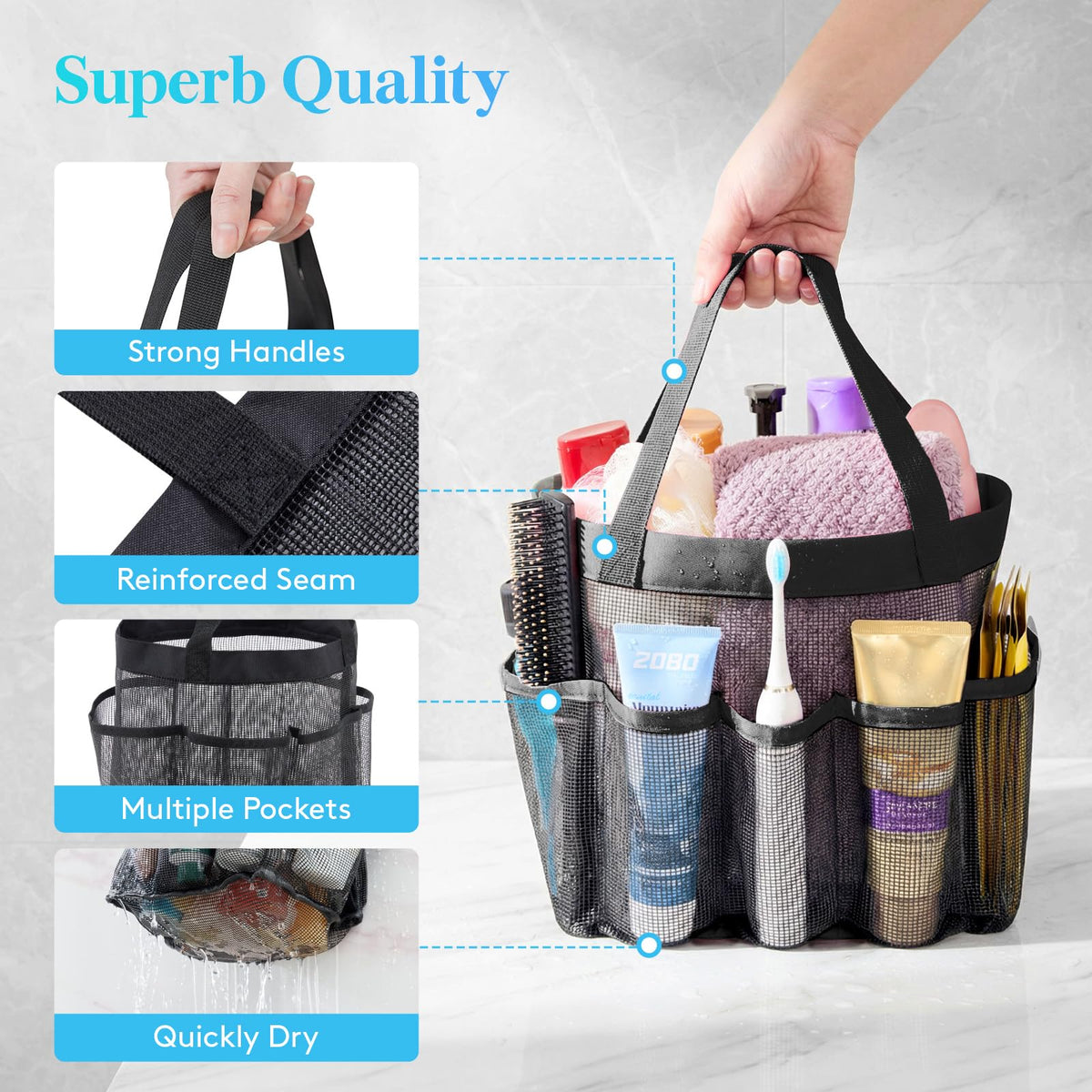 Lifewit Mesh Shower Caddy Freestanding Portable Shower Tote Bag for College Dorm, Bathroom, Gym, Travel, Quick Dry Hanging Shower Organizer with 7 Storage Pockets for Toiletry Essentials, Medium,Black