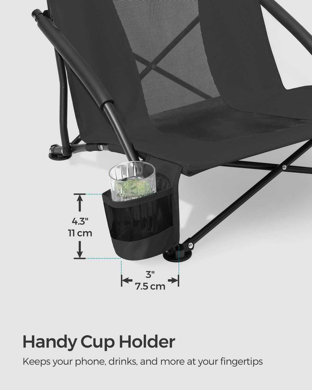 SONGMICS Set of 2 Portable Beach Chairs for Adults, Max. Load 330 lb Each, High Backrest, Cup Holder, Lightweight, Heavy-Duty, Black UGCB067B01V1