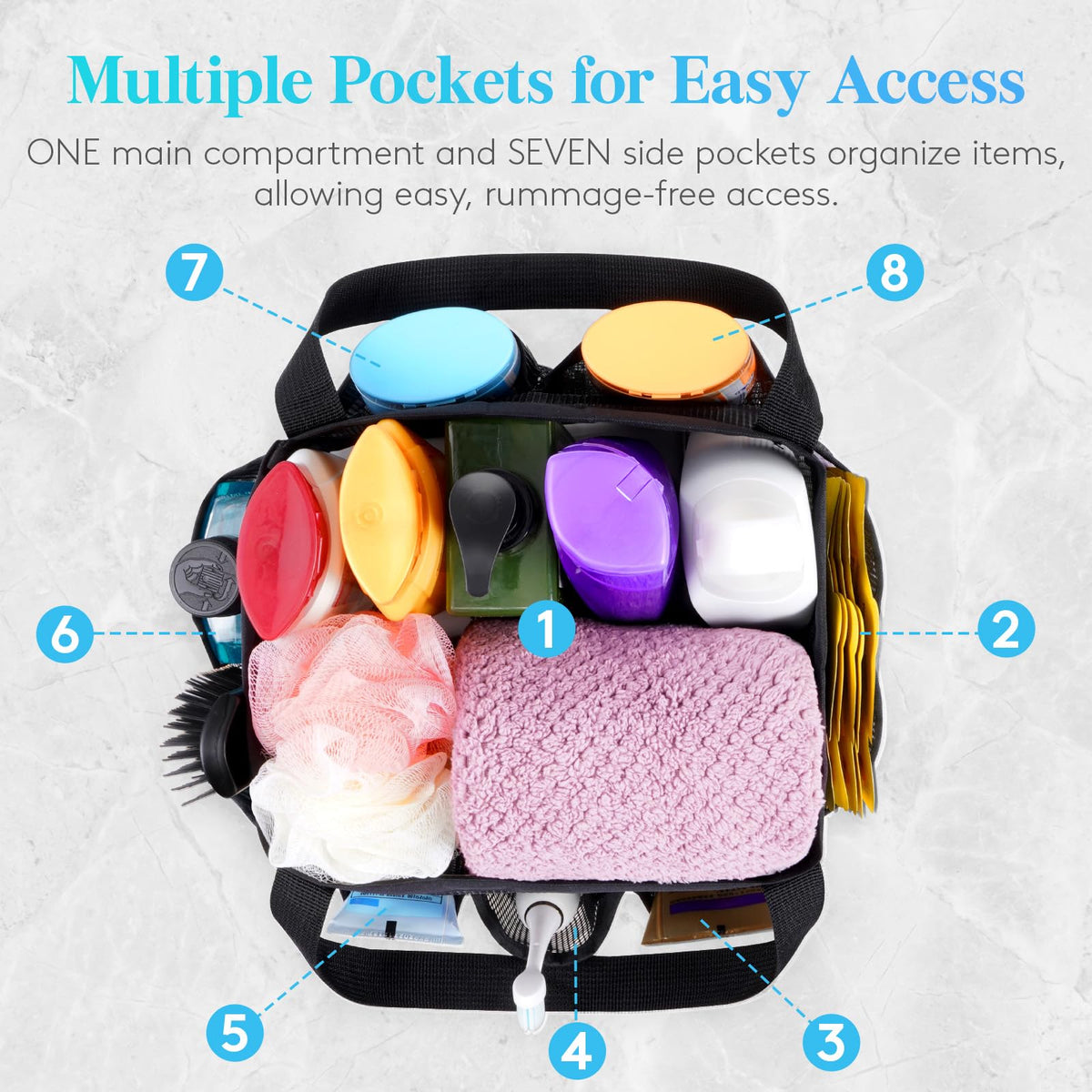 Lifewit Mesh Shower Caddy Freestanding Portable Shower Tote Bag for College Dorm, Bathroom, Gym, Travel, Quick Dry Hanging Shower Organizer with 7 Storage Pockets for Toiletry Essentials, Medium,Black