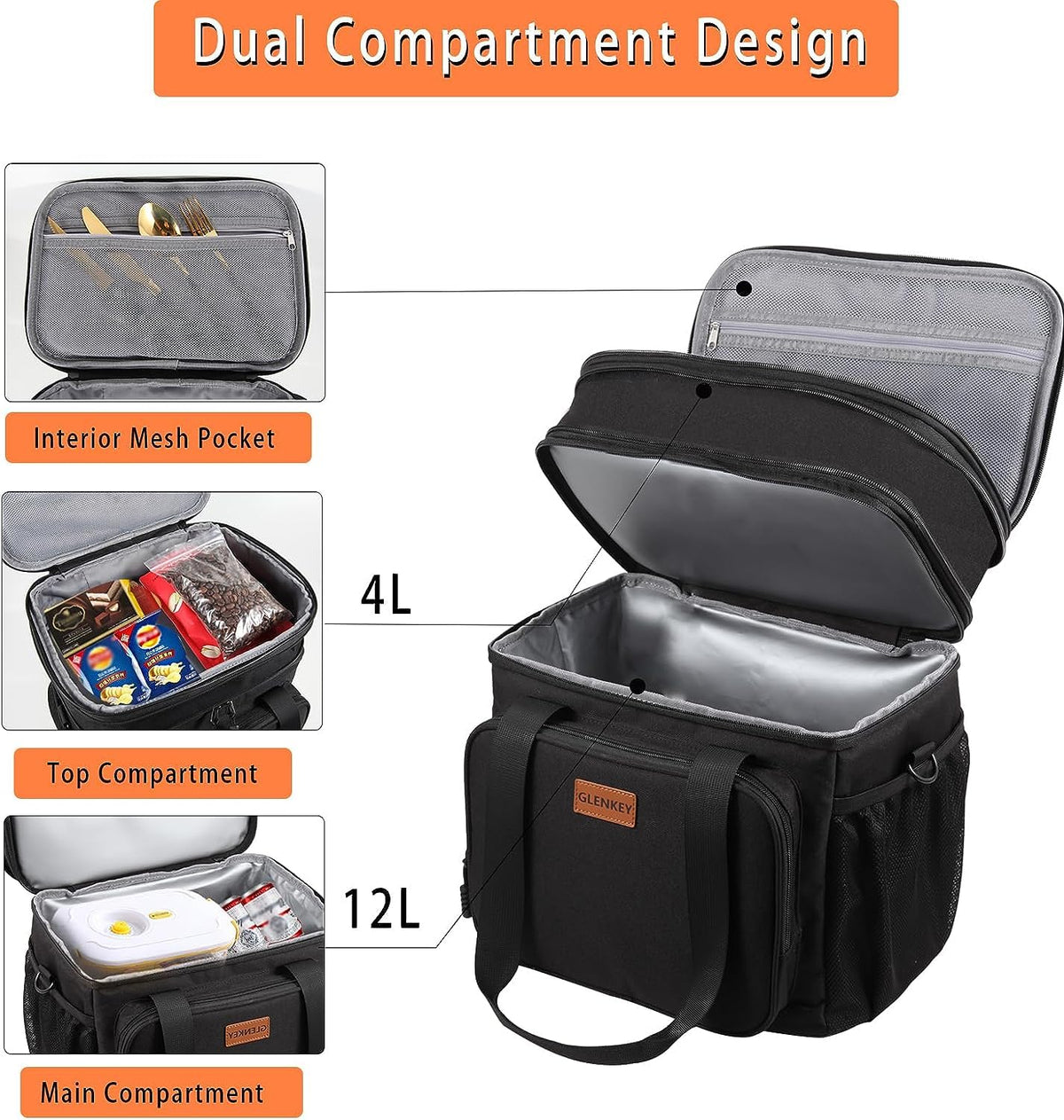 Expandable Large Lunch Bag, Double Deck Insulated Lunch Box Leakproof Durable Soft Cooler Bag for Men Women Adults Work Construction Beach Picnic Daytrip,16L,Black, GLENKEY