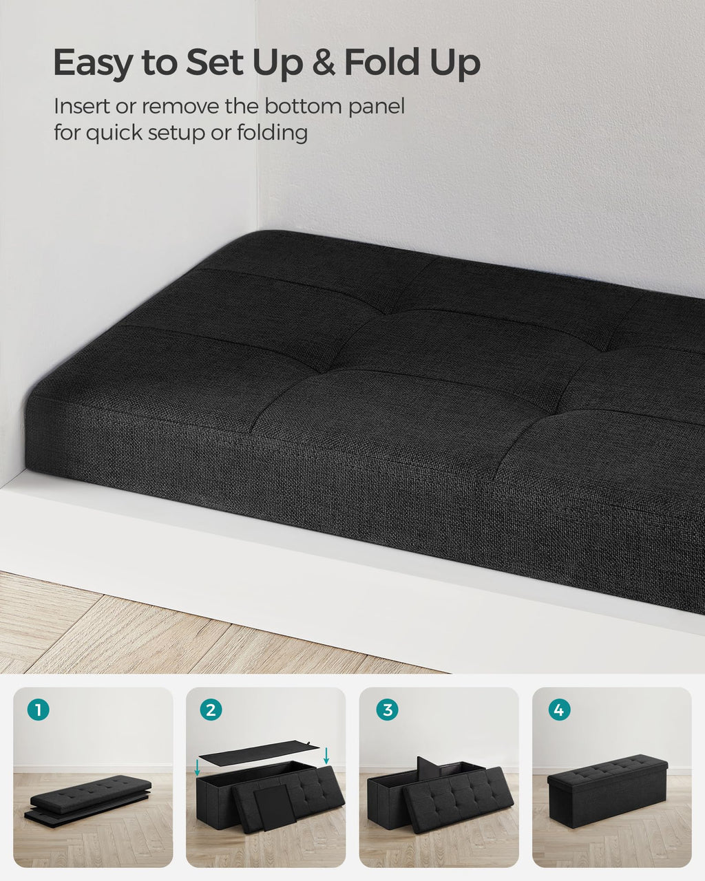SONGMICS 110 cm Folding Storage Ottoman Bench, Padded Seat