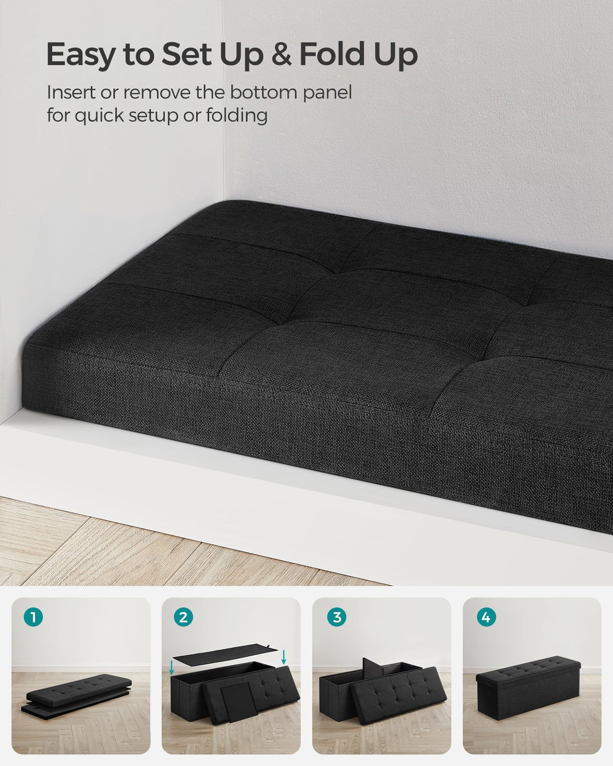 SONGMICS 110 cm Folding Storage Ottoman Bench, Padded Seat
