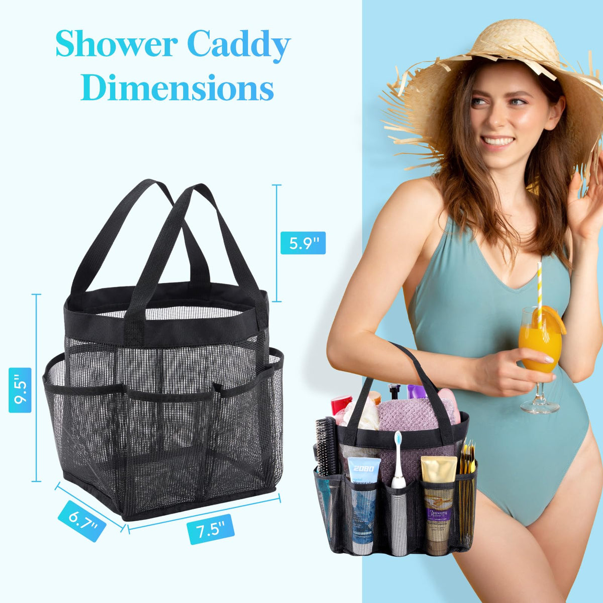 Lifewit Mesh Shower Caddy Freestanding Portable Shower Tote Bag for College Dorm, Bathroom, Gym, Travel, Quick Dry Hanging Shower Organizer with 7 Storage Pockets for Toiletry Essentials, Medium,Black