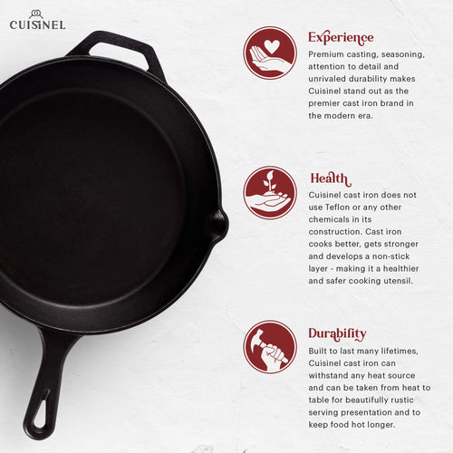 Cast Iron Skillet - 12"-Inch Frying Pan with Assist Handle and Pour Spots + Silicone Grip Cover - Pre-Seasoned Oven Safe Cookware - Indoor/Outdoor Use - Grill, Stovetop, Induction and Firepit Safe
