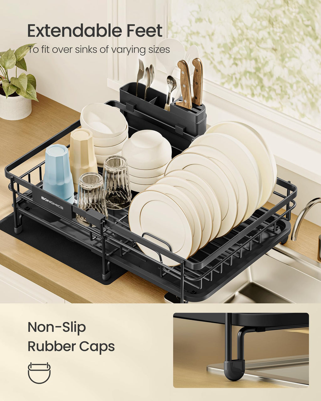 SONGMICS Dish Drainer Rack, Large Extendable Draining Board Rack for Small Spaces, 360° Rotating Extendable Spout, Kitchen Sink Drainer, Steel, 46.5 x 29.6 x 14 cm, Ink Black KCS556BH01