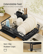 SONGMICS Dish Drainer Rack, Large Extendable Draining Board Rack for Small Spaces, 360° Rotating Extendable Spout, Kitchen Sink Drainer, Steel, 46.5 x 29.6 x 14 cm, Ink Black KCS556BH01