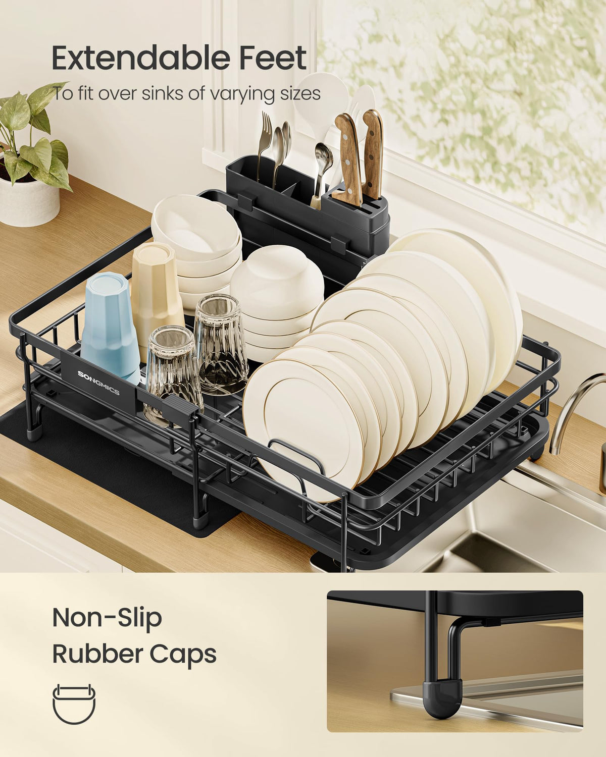 SONGMICS Dish Drainer Rack, Large Extendable Draining Board Rack for Small Spaces, 360° Rotating Extendable Spout, Kitchen Sink Drainer, Steel, 46.5 x 29.6 x 14 cm, Ink Black KCS556BH01