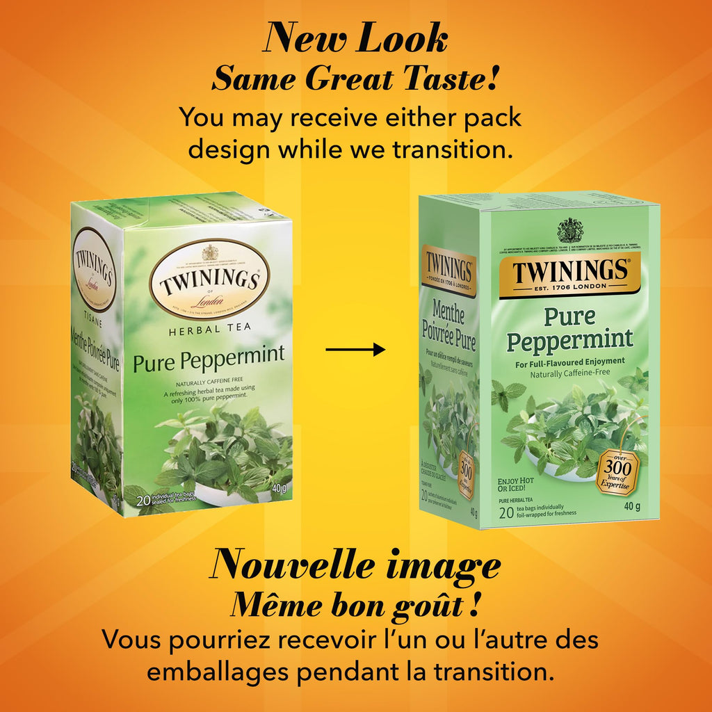 Twinings Pure Peppermint Herbal Revive Individually Wrapped Teabags, Naturally Caffeine-Free, 20 Count (Pack of 6), Enjoy Hot or Iced