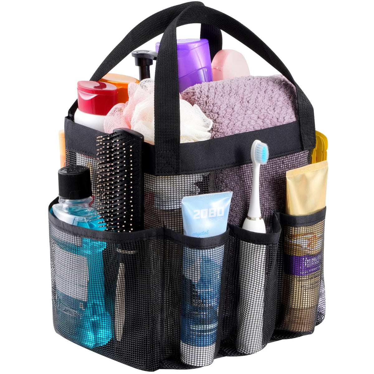 Lifewit Mesh Shower Caddy Freestanding Portable Shower Tote Bag for College Dorm, Bathroom, Gym, Travel, Quick Dry Hanging Shower Organizer with 7 Storage Pockets for Toiletry Essentials, Medium,Black