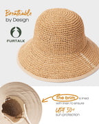 FURTALK Sun Hats for Women Handmade Summer Beach Hat Wide Brim Straw Hat Foldable Packable UPF 50 Crochet Travel Bucket Hat Kahaki