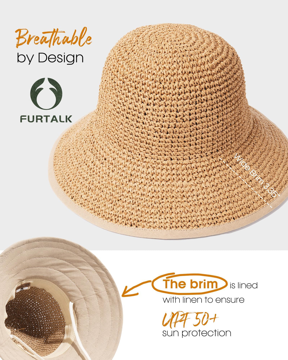 FURTALK Sun Hats for Women Handmade Summer Beach Hat Wide Brim Straw Hat Foldable Packable UPF 50 Crochet Travel Bucket Hat Kahaki