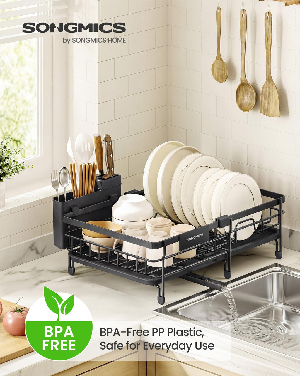 SONGMICS Dish Drainer Rack, Large Extendable Draining Board Rack for Small Spaces, 360° Rotating Extendable Spout, Kitchen Sink Drainer, Steel, 46.5 x 29.6 x 14 cm, Ink Black KCS556BH01